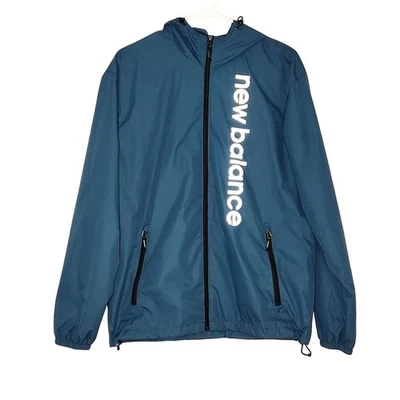Chaqueta cortavientos New Balance verde azulado con capucha ligera para mujer talla mediana Foto 1 de 4