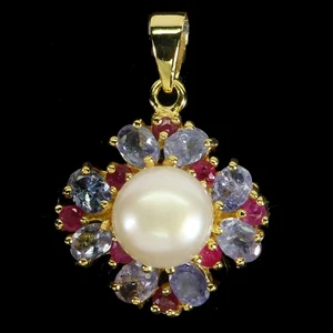 925 Sterling Silver Pendant Oval Tanzanite 4x3mm Ruby Pearl Gemstone Jewelry - Picture 1 of 14
