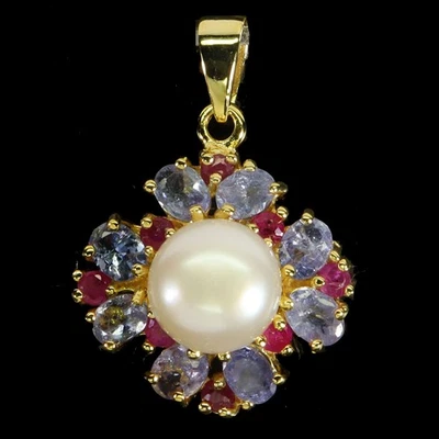 925 Sterling Silver Pendant Oval Tanzanite 4x3mm Ruby Pearl Gemstone Jewelry - Image 1 of 4
