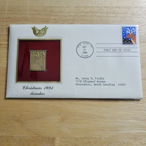 Christmas 1993 Reindeer 22kt Gold Replica Stamp 1st Day w/card - Picture 1 of 4