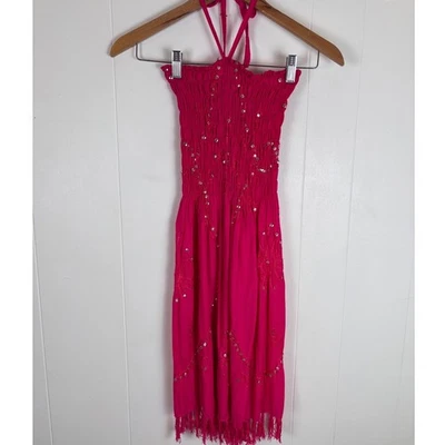Girls Pink Smocked Halter Dress Sequin Detail Fringe Hem Party Casual Size 7-8 - Image 1 of 4