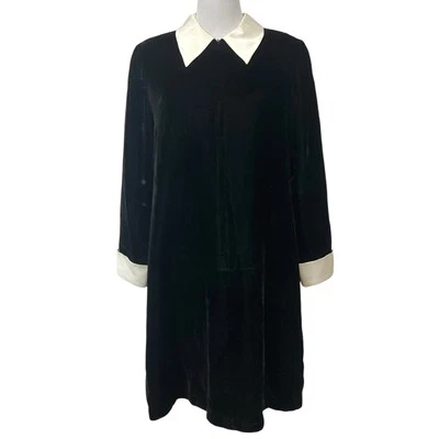 Vintage Evan-Picone Dress Black Velvet Satin Peter Pan Collar Academia Goth 12 - Image 1 of 4