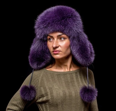 Подлинный финский фиолетовый лисий мех и натуральная кожа ручной работы женщины авиатор шляпа - Изображение 1 из 4