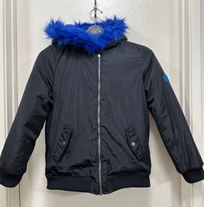Calvin Klein Jeans Faux Fur Zip Up Bomber Jacket Black Trim Blue size 16 - Picture 1 of 10