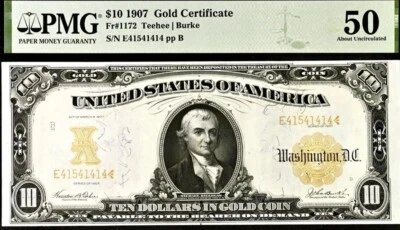 1907 $10 🇺🇸 SUPER ((Certificado de Oro)) PMG 50 AU Sin Comentarios (EN MONEDA DE ORO) Foto 1 de 4