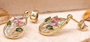 9ct Yellow Gold Diamond with Pink and Green Tourmaline Flower Drop Earrings .02c - Picture 1 of 6