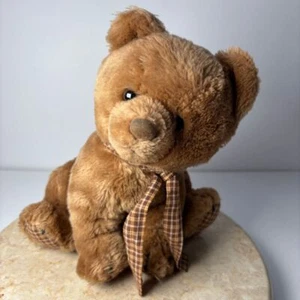 Vintage 1984 Dakin Sitting Brown Teddy Bear Plush Animal Plaid Bow Feet 10" Tall - Picture 1 of 11