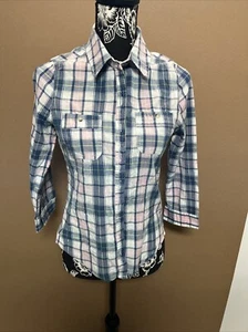 Passport Purple Plaid Button Down Rolled Sleeve Top Shirt Casual Comfy S - Picture 1 of 5