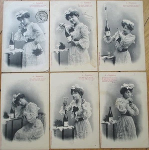 Set of SIX 1905 Bergeret French Fantasy Postcards: Champagne Tempting Maid, Wine - Picture 1 of 1