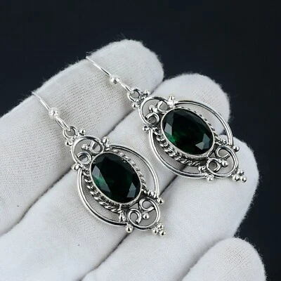 Green Tourmaline Gemstone Drop/Dangle Ethnic Earring 925 Sterling Silver Jewelry - Image 1 of 4