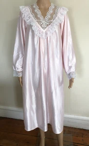 vtg Womens Victorian Style Nightgown 1X Pink Brushed Back Satin Lace Trim USA - Picture 1 of 22