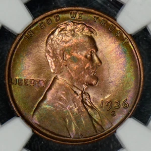 1936 S Lincon Cent NGC MS 64 RB green purple toning georgeous NG0267 - Picture 1 of 4