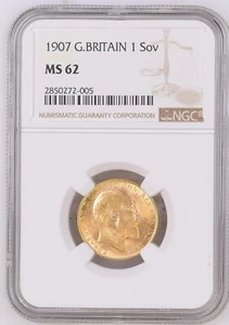 1907 Great Britain Gold Sovereign NGC MS 62 BU UNC NICE COIN LOTS OF LUSTER - Picture 1 of 2