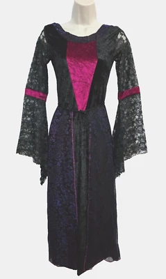 Niñas L 12-14 Negro Terciopelo Largo Halloween Disfraz Vestido Bruja Gótico Encaje Manga Foto 1 de 4