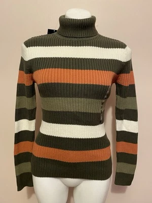 NWT Vintage 90s Y2K Green Orange White Ribbed Turtle Neck Sweater M NEW - Image 1 of 4
