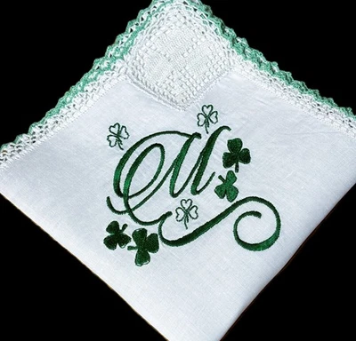 Vintage Linen Green Shamrock Crochet Monogram "M" Handkerchief**#34 - Image 1 of 3