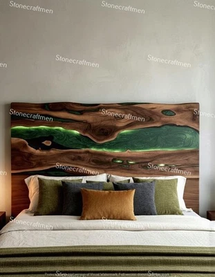 Live Edge Walnut Headboard | Green Epoxy, LED Backlit Bedroom Decor - Image 1 of 4