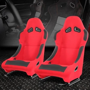 Pair Universal Red Woven Fabric Fixed Position Racing Bucket Seats w/ Sliders - Picture 1 of 7