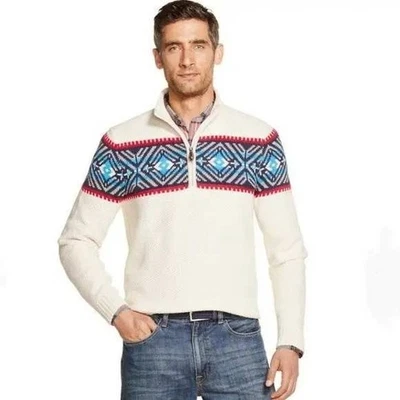 NUEVO CON ETIQUETAS IZOD Para hombres Fair Isle Media Cremallera Suéter Vacaciones Talla L Foto 1 de 4