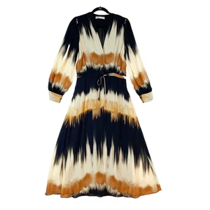 Zara Midi Dress Women's Size L Multicolor Long Sleeve V-Neck Neutral Tie Dye - Picture 1 of 7