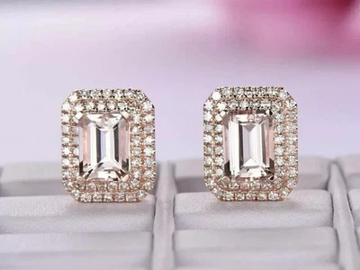 14K Rose Gold Plated 2Ct Emerald Cut Lab Created Morganite Women's Stud Earrings - Image 1 of 4