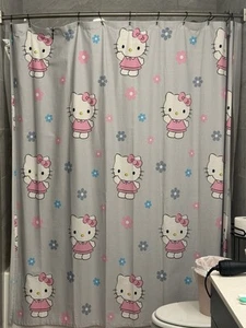 Hello Kitty Shower Curtain 72x72 Cotton Grey With Flowers - Picture 1 of 1
