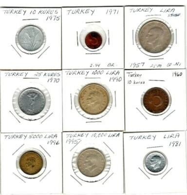 TURKEY. ASSORTED LOT OF 9 COINS.  1957-1996. SEE PICS  - Image 1 of 2