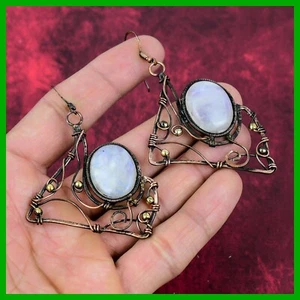 Oval Natural Rainbow Moonstone Copper Hook Drop Dangle Wire Wrapped New Earrings - Picture 1 of 6