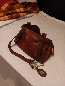 Fossil Reissue Bag Vintage Mahogany Brown Leather Weekender Satchel Key Charm - Picture 1 of 20