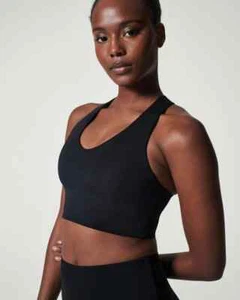 Spanx Longline Medium Impact Sports Bra Size L Black Crop Top Racerback - Picture 1 of 6