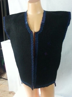 Vtg 70s Hand Made Black Wool Open Vest Top Back Cross Stitch Trim Fuzzy Hippy L - Image 1 of 4