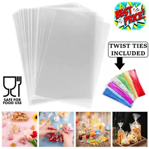 Clear Cellophane Sweet Bags Gift Display Pop Candy Kids Party Treat + Twist Ties - Picture 1 of 51