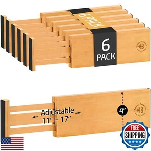 6 Pack Drawer Dividers 4 Inch High, 11”-17" Adjustable Bamboo Organizers Larg - Picture 1 of 5