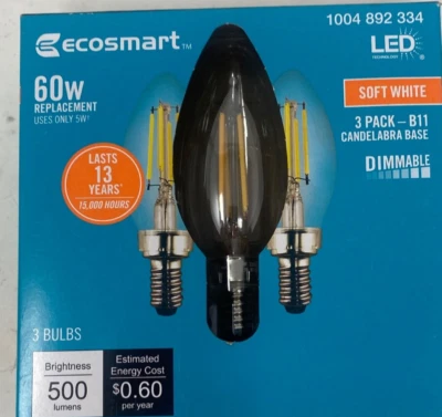 Ecosmart 60W Replacement  B11 LED Soft White Dimmable Candelabra Base 3 Pack - Image 1 of 4