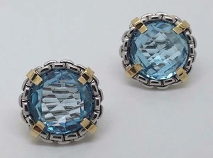 14K BICOLOR GELB & WEISSGOLD BLAUTOPAS OMEGA OHRRINGE - Bild 1 von 12