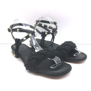 Valentino Rockstud Braided Ankle Strap Sandals Black Leather & Satin Size 40 - Picture 1 of 11