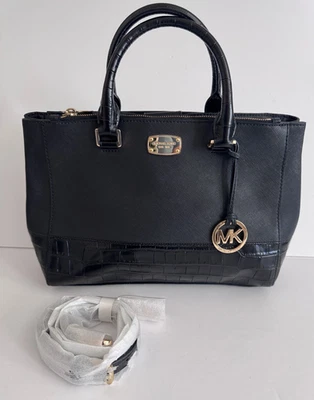 Michael Kors Kellen Saffiano Leather Satchel Crossbody Handbag Purse Black - Image 1 of 4