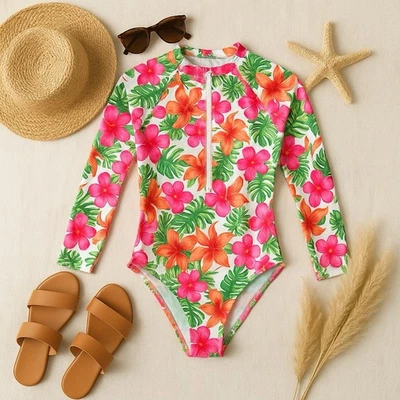 Tropical Floral Long Sleeve Zip Bodysuit Rashguard One Piece Swimsuit Girls XL - Image 1 of 4