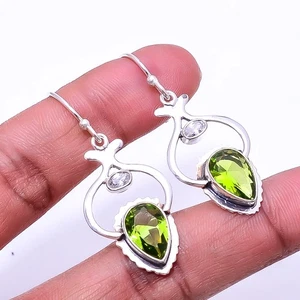 Peridot & White Topaz 925 Sterling Silver Handmade Earring 1.72" E6 - Picture 1 of 6