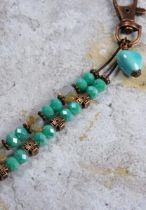 Heart Crystal Cross Handmade Purse Charm Bag Clip Copper Turquoise Brown - Picture 1 of 4