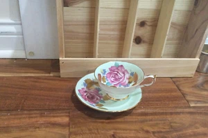 Seltene Double Warrant Paragon große rosa rosegold Blatt grün Teetasse Untertasse - Bild 1 von 10