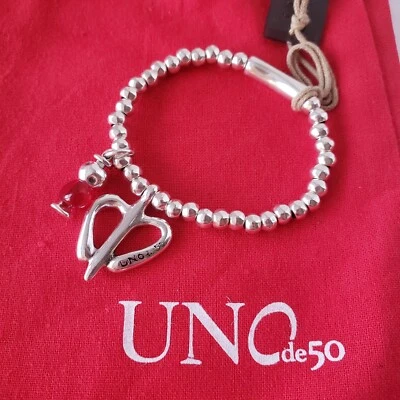 Pulsera UNO de 50 LOVE FREEDOM Plata Elastizada Cuentas con Dos Dijes Talla Pequeña 7" Foto 1 de 4
