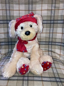 Gund Holiday Sleepytime Puppy Dog Chiot Plush Tan Red Winter Hat & Scarf - Picture 1 of 3