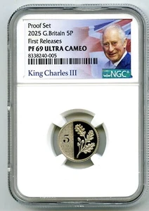 2025 GREAT BRITAIN 5P PROOF NGC PF69 UCAM OAK LEAF 5 PENCE FIRST RELEASES - Picture 1 of 2