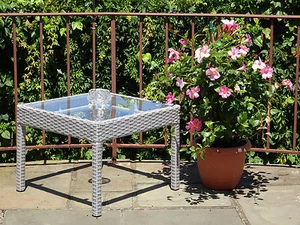 Patio Outdoor Wicker Side End Square Small Coffee Table w/ Glass - Picture 1 of 6