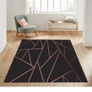 Alfombra geométrica moderna de mosaico, oro rosa negro, mármol dorado negro, para vivir - Imagen 1 de 11