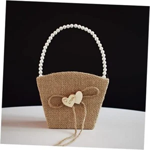 Rustic Flower Girl Baskets with Pearl Handle, BowKnot Heart Petals Burlap - Picture 1 of 8