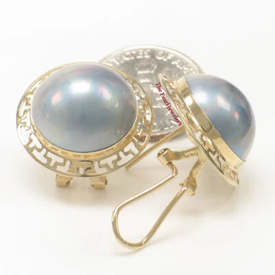 Solid 14k Yellow Gold Omega Clip Australia Blue Mabe Pearl Earrings - Image 1 of 3