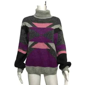 Noisy May Womens Purple Pink Metallic Gray Abstract Turtleneck Sweater Top Sz L - Picture 1 of 6