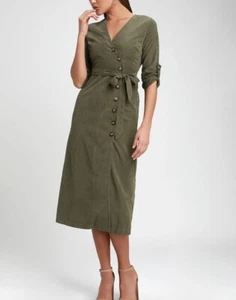 Lulus Olive Green Long Sleeve Belted Waist Button Up Midi Suede Dress Size S - Picture 1 of 13